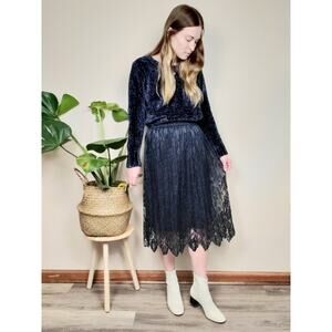 Zara Lace Pleated Midi Skirt Navy XS